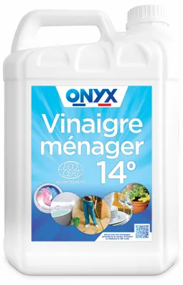 Bidon de 5 litres de vinaigre ménager Onyx 14°, produit d'entretien pour le détartrage et le nettoyage des surfaces.